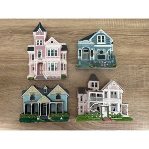 Vintage Shelia's Collectibles Lot of 4 Painted Ladies Wooden House Shelf Sitters